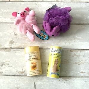 Nature’s Baby Girl Bath Bundle Loofah Set Pink Purple  Honey Body Powder Organic